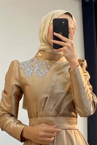 Tia Omzu Taşlı Abiye Tafta Abiye Gold