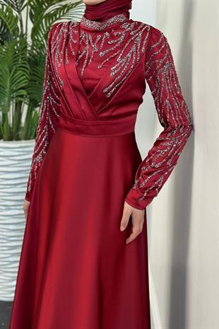 Tileda Taş Detaylı Saten Abiye Bordo
