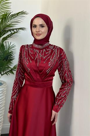 Tileda Taş Detaylı Saten Abiye Bordo