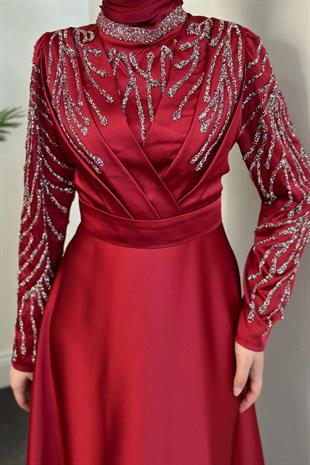 Tileda Taş Detaylı Saten Abiye Bordo