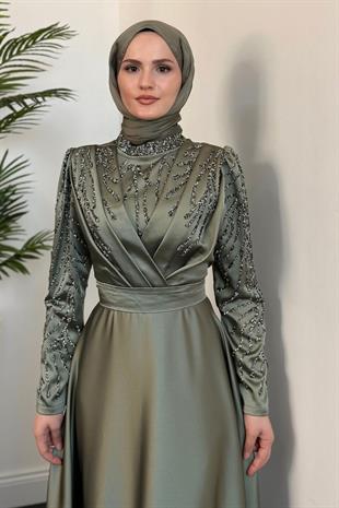 Tileda Taş Detaylı Saten Abiye Haki