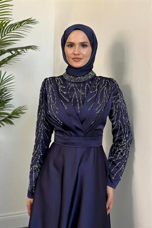 Tileda Taş Detaylı Saten Abiye Lacivert