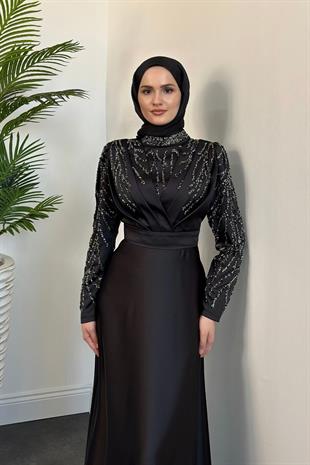Tileda Taş Detaylı Saten Abiye Siyah