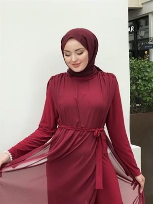 Tül Detaylı Beli Kuşaklı Tulum Bordo