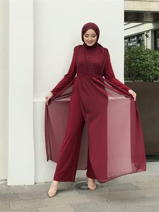 Tül Detaylı Beli Kuşaklı Tulum Bordo