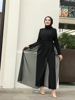 Tül Detaylı Beli Kuşaklı Tulum Siyah