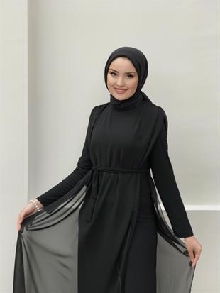 Tül Detaylı Beli Kuşaklı Tulum Siyah