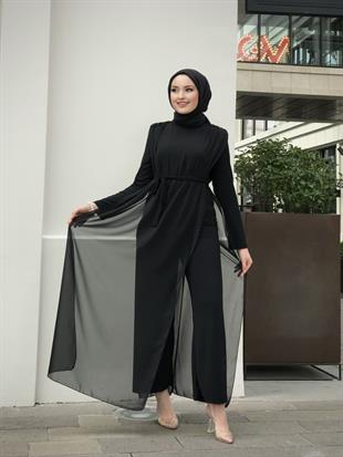 Tül Detaylı Beli Kuşaklı Tulum Siyah