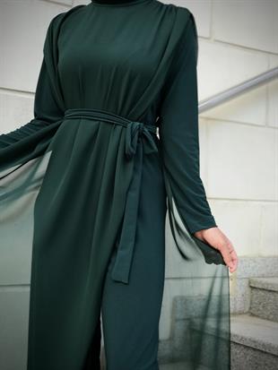 Tül Detaylı Beli Kuşaklı Tulum Zümrüt