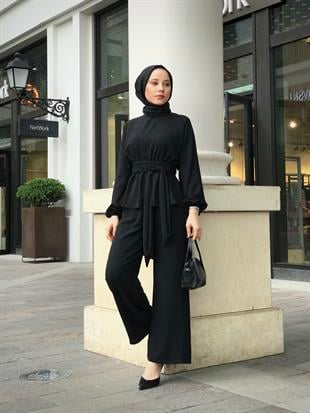 Tuniği Kuşaklı Dolamalı Pantolonlu Takım Siyah