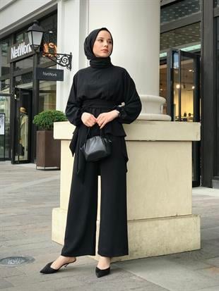 Tuniği Kuşaklı Dolamalı Pantolonlu Takım Siyah