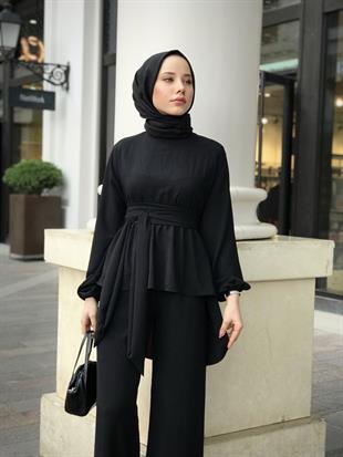 Tuniği Kuşaklı Dolamalı Pantolonlu Takım Siyah