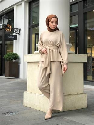 Tuniği Kuşaklı Dolamalı Pantolonlu Takım Bej