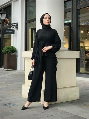 Tuniği Kuşaklı Dolamalı Pantolonlu Takım Siyah