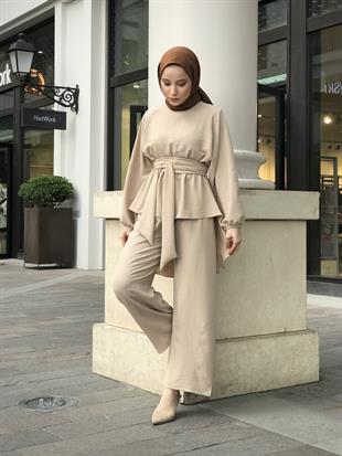 Tuniği Kuşaklı Dolamalı Pantolonlu Takım Bej