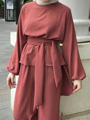 Tuniği Kuşaklı Dolamalı Pantolonlu Takım Gül Rengi
