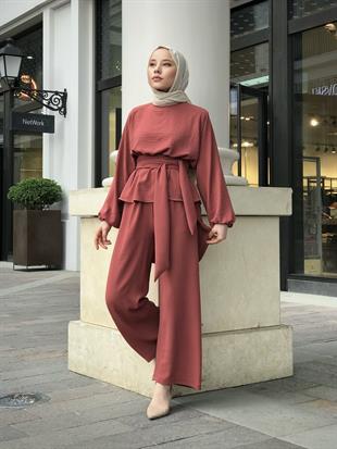 Tuniği Kuşaklı Dolamalı Pantolonlu Takım Gül Rengi
