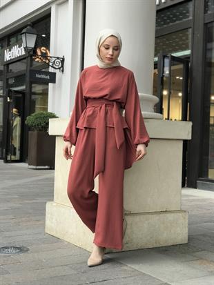 Tuniği Kuşaklı Dolamalı Pantolonlu Takım Gül Rengi
