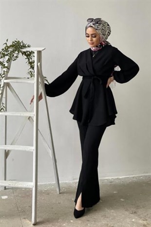 Üstü Çapraz İspanyol Paça Takım Siyah