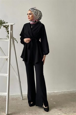 Üstü Çapraz İspanyol Paça Takım Siyah