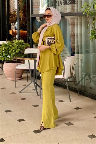 Üstü Çapraz İspanyol Paça Takım Yağ Yeşili