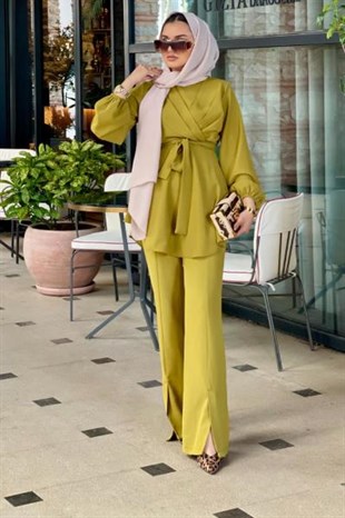 Üstü Çapraz İspanyol Paça Takım Yağ Yeşili