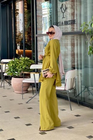 Üstü Çapraz İspanyol Paça Takım Yağ Yeşili