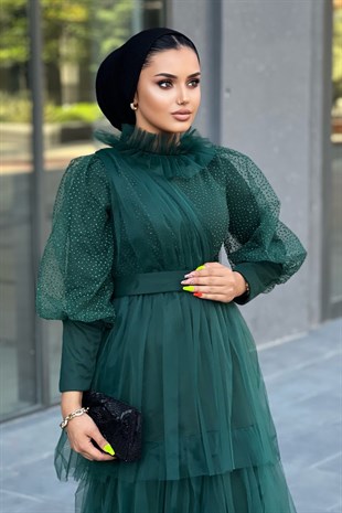 Üstü Simli Katkat Abiye Yeşil-2