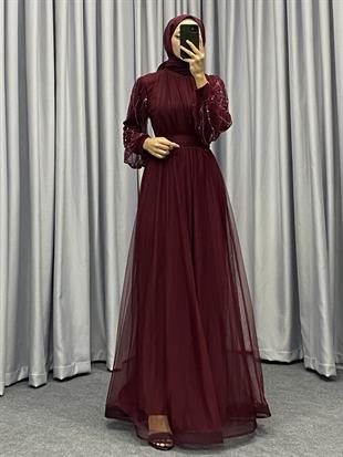 Valencia Kolu Taşlı Abiye Bordo