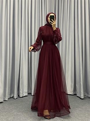 Valencia Kolu Taşlı Abiye Bordo