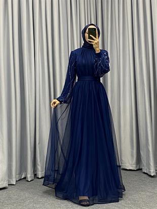 Valencia Kolu Taşlı Abiye Lacivert