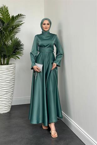 Valeria Kuşaklı Saten Abiye Mint Yeşili