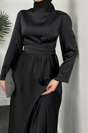 Valeria Kuşaklı Saten Abiye Siyah