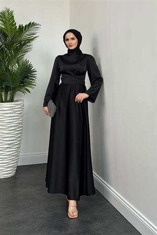 Valeria Kuşaklı Saten Abiye Siyah