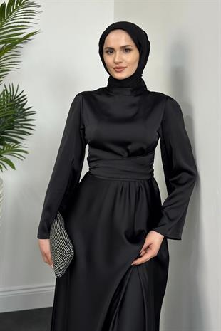 Valeria Kuşaklı Saten Abiye Siyah