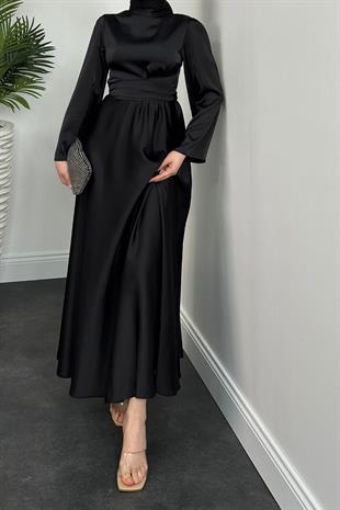 Valeria Kuşaklı Saten Abiye Siyah