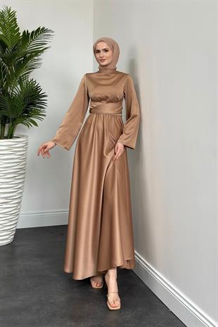 Valeria Kuşaklı Saten Abiye Vizon