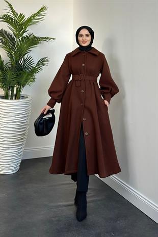 Valery Kolu Manşetli Kemerli Astarlı Kaşe Kaban Kahverengi