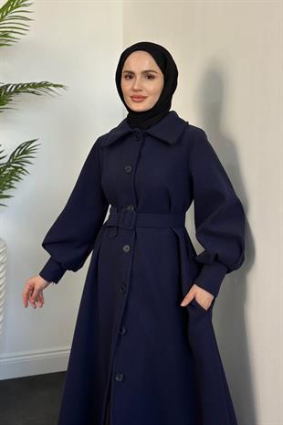 Valery Kolu Manşetli Kemerli Astarlı Kaşe Kaban Lacivert