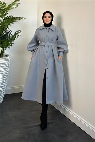 Valery Kolu Manşetli Kemerli Astarlı Kaşe Kaban Gri