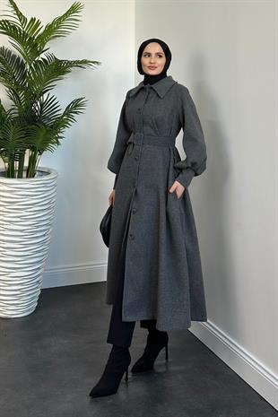 Valery Kolu Manşetli Kemerli Astarlı Kaşe Kaban Füme