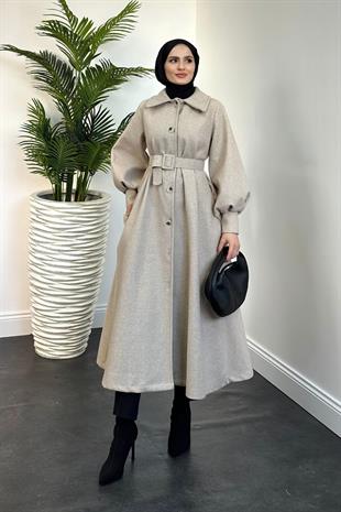 Valery Kolu Manşetli Kemerli Astarlı Kaşe Kaban Vizon