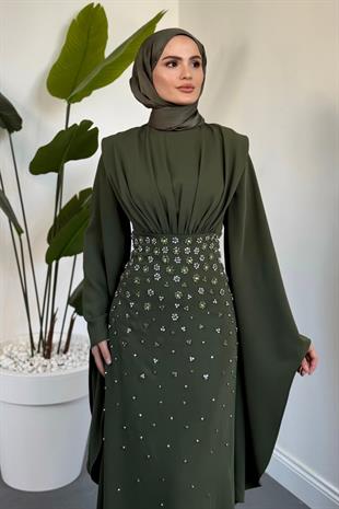 Valmera Taşlı Kolları Asimetrik Kesim Abiye Haki