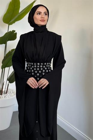 Valmera Taşlı Kolları Asimetrik Kesim Abiye Siyah