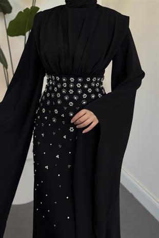 Valmera Taşlı Kolları Asimetrik Kesim Abiye Siyah