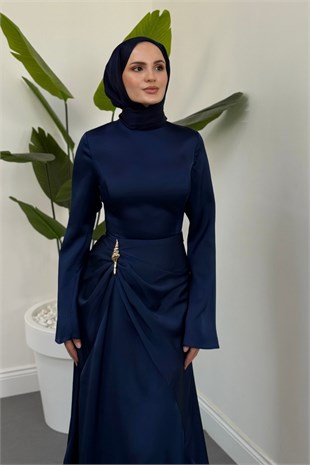 Vandora Tokalı Saten Abiye Lacivert
