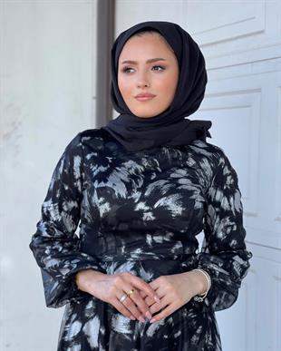 Varaklı Tül Kuşaklı Abiye Siyah