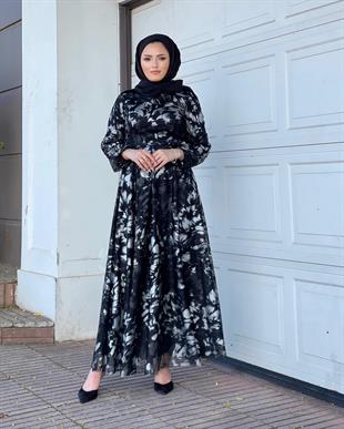 Varaklı Tül Kuşaklı Abiye Siyah