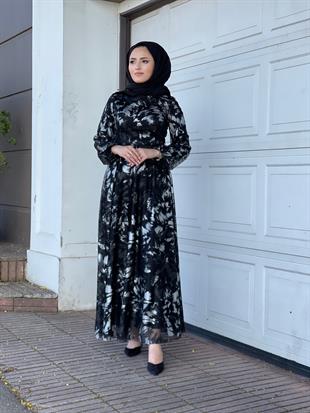 Varaklı Tül Kuşaklı Abiye Siyah