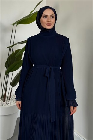 Velissa Pliseli Vatkalı Şifon Elbise Lacivert